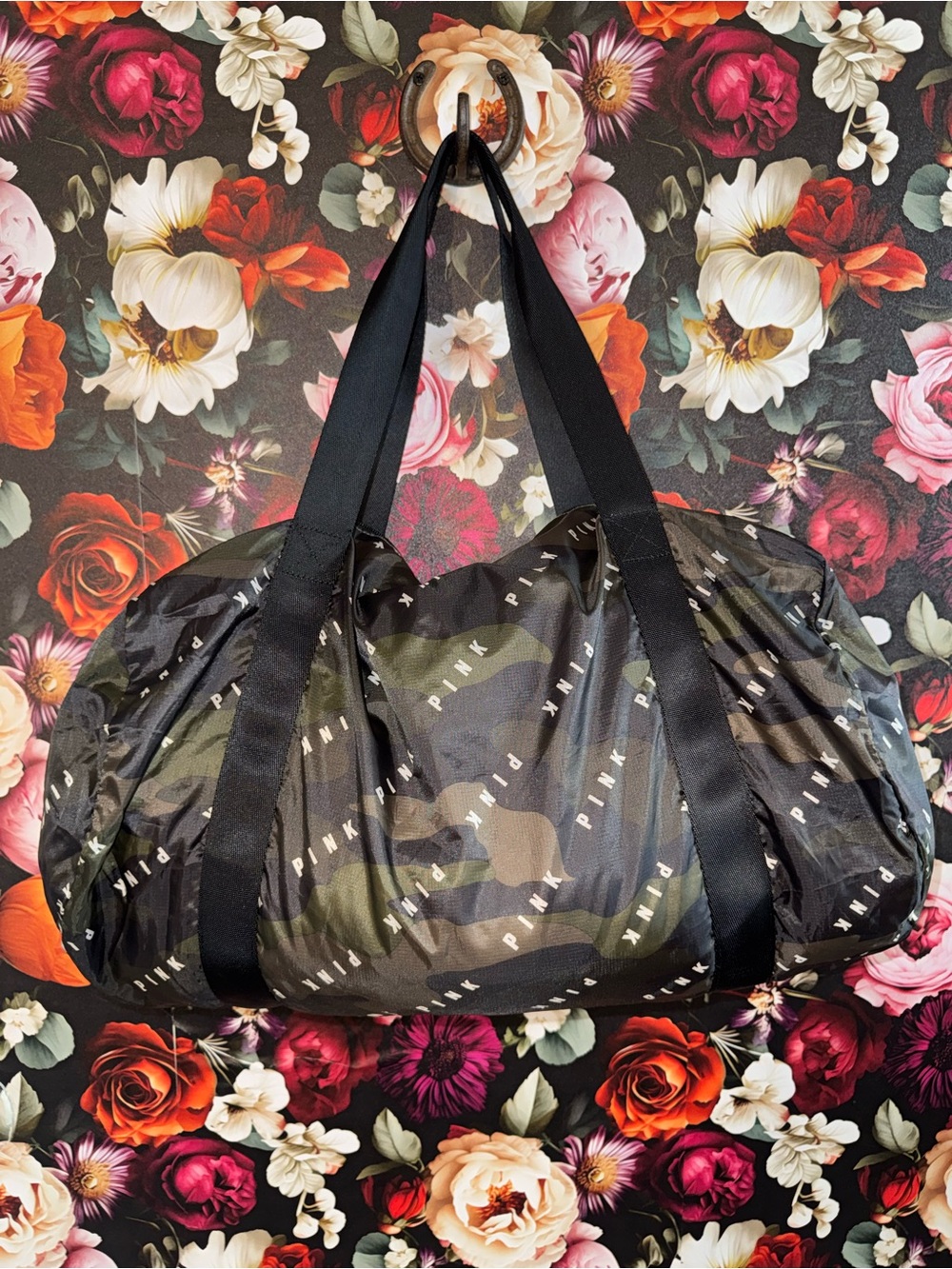 NWOT Vintage PINK Victoria's Secret Camo Packable Duffel Bag - Black/Green
